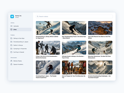 Video explorer 2025 browser explore explorer geist graphic design hero icons icons library menu mountains sidebar ski skiing snowboard ui ui design video explorer video library videos web design