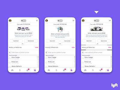 Lyft Driver iOS Referral Tab Express Drive Carousel Design bonus car carousel dog drive driver earn express drive growth ios iphone lyft photo promotion refer referee referral tab ui ux