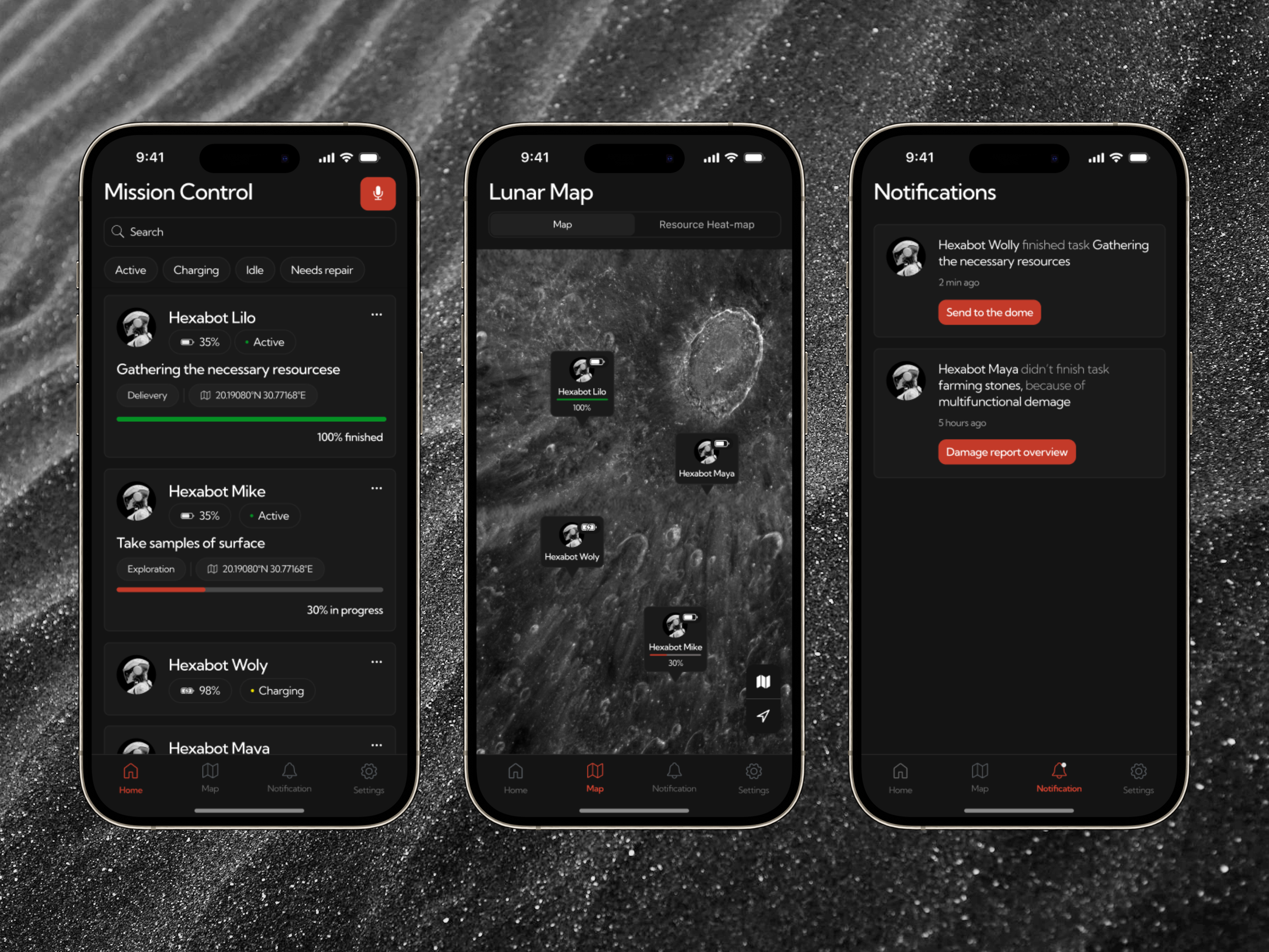 Hexabot App 👾 app bendingspoons darkmode designchallenge designflow2025 futuristic app hexabot ios app lunarcolony missioninterface mobile app robot app robotcontrol ui design ux design