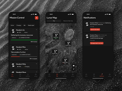 Hexabot App 👾 app bendingspoons darkmode designchallenge designflow2025 futuristic app hexabot ios app lunarcolony missioninterface mobile app robot app robotcontrol ui design ux design