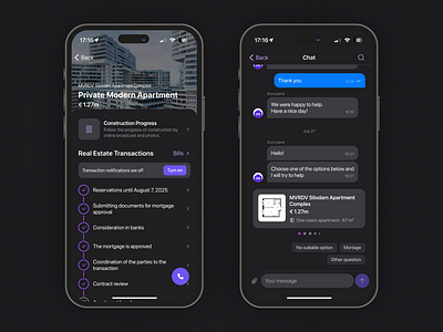 Real estate transaction process ✦ iOS app app design chat dark mode home buying ios minimal design property real estate transaction process