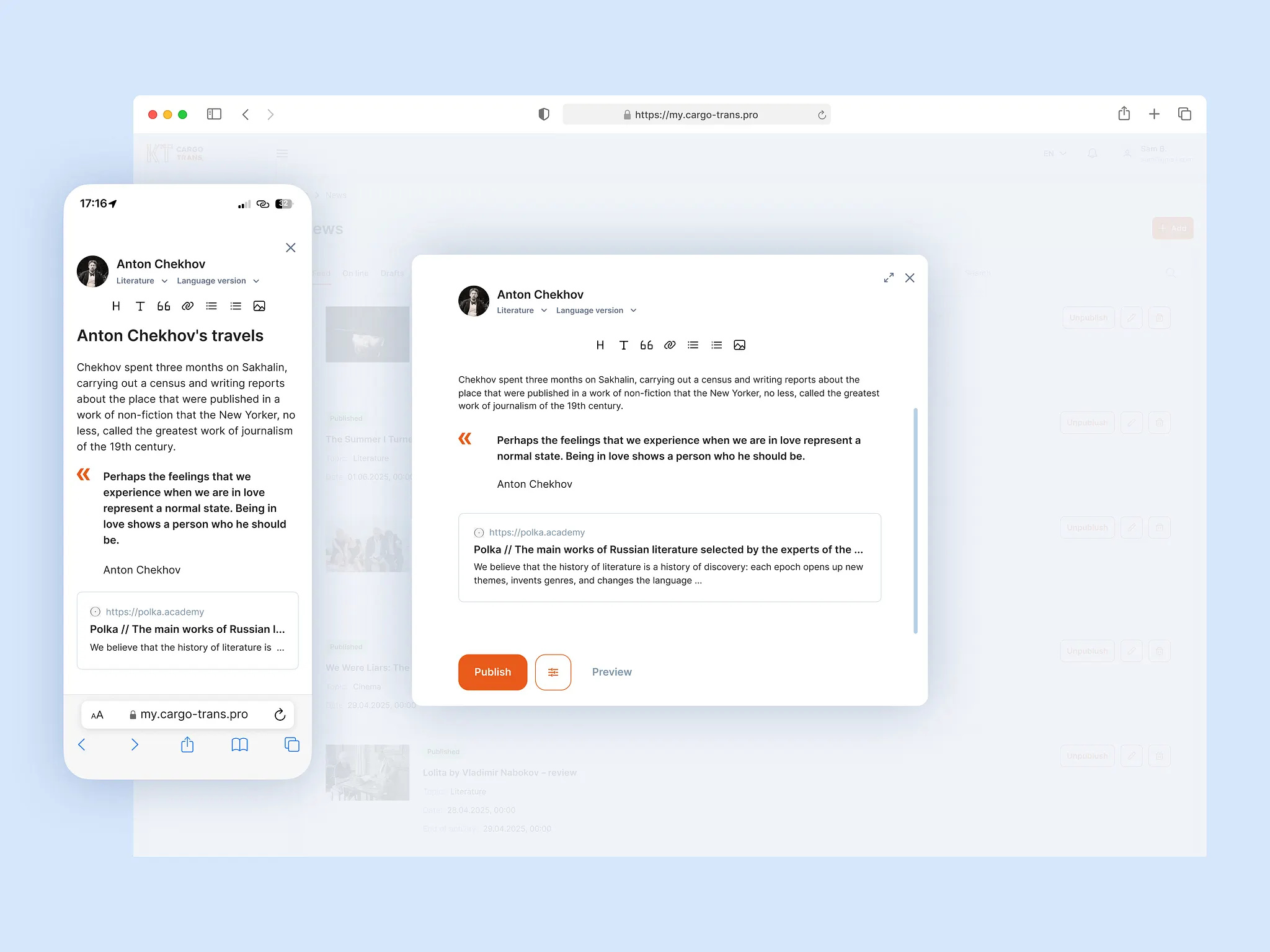 Article in Two Clicks: Editor for Any Device adaptive design article article editor editor editorial live editing minimal design responsive design text editor web