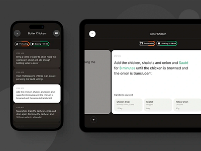 Modern Cooking App Step UI Design app prototype cooking app cooking instructions food interface food tracker ingredient list kitchen assistant meal planner meal prep mobile design modern ui recipe recipe guide responsive layout step interface tablet version timer function ux flow ux ui visual steps