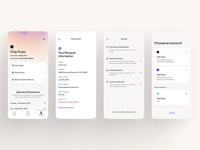 Finance Account Management UI Design account info account settings app interface clean ui data access finance app financial tools form design intuitive layout mobile banking onboarding screen personal finance profile screen settings menu ui components ui design user data ux design ux flows ux patterns