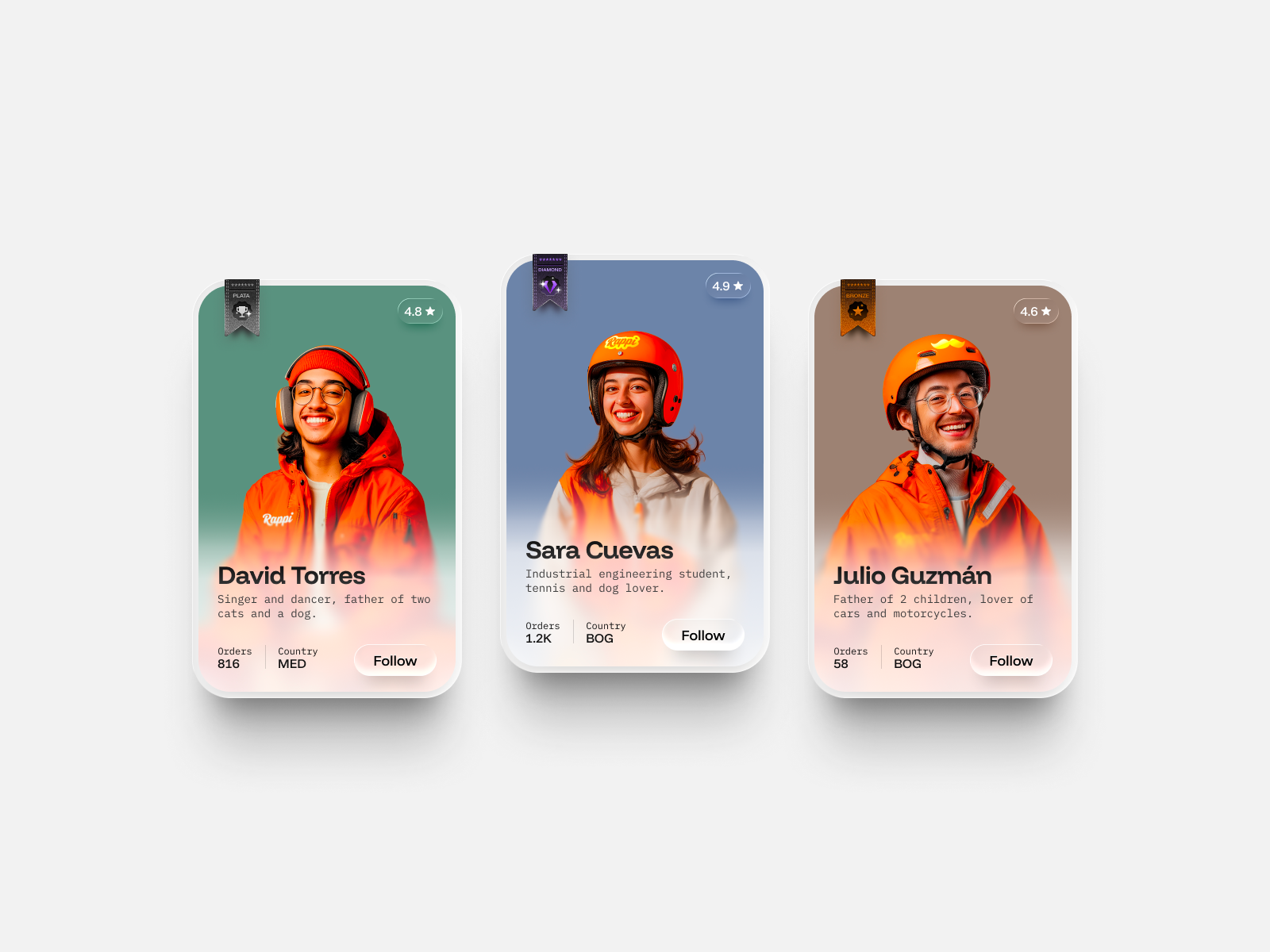 Profile cards Soy Rappi app awards glass effect miketopus profile card rappi ui ux