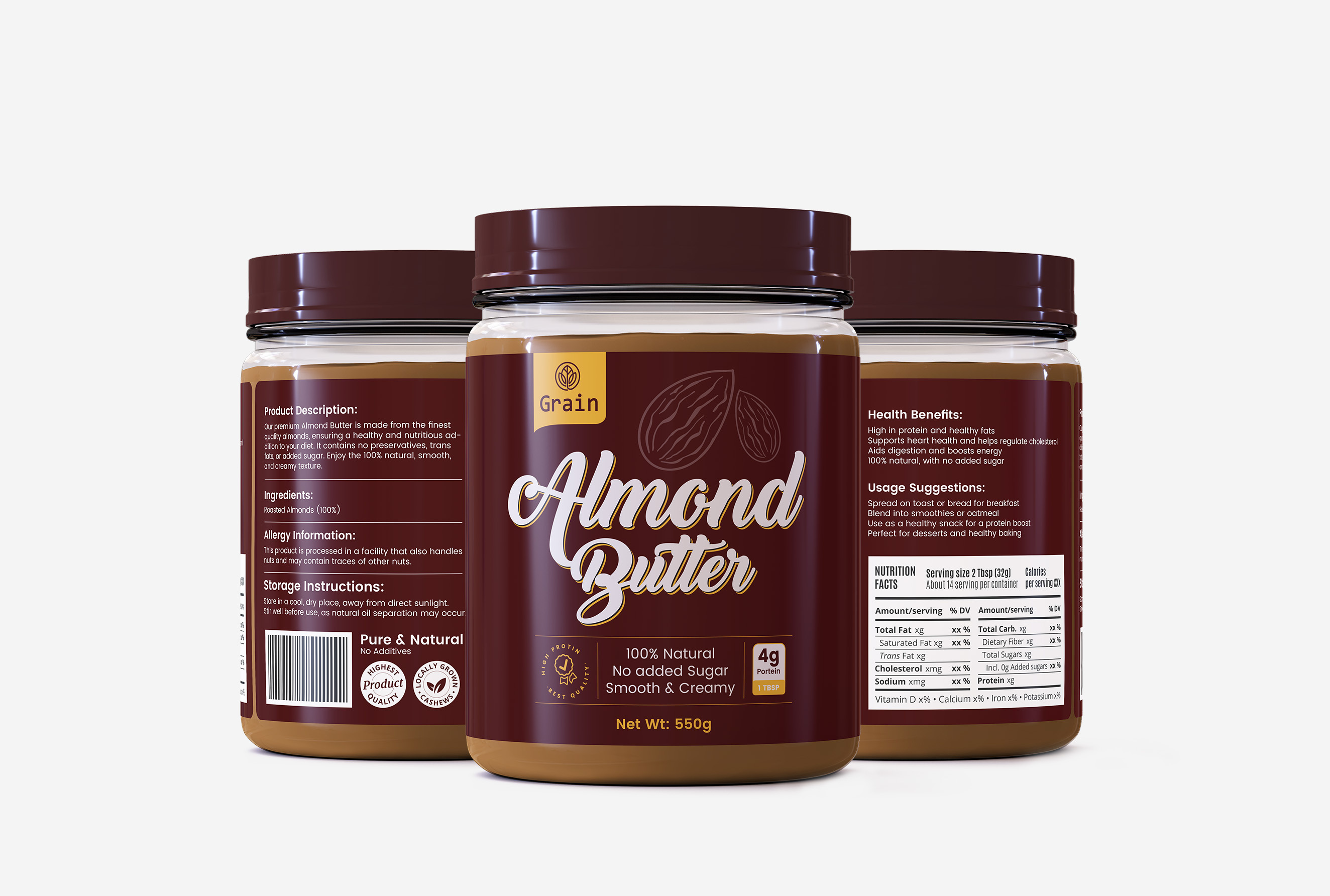 Grain - Almond Butter Packaging Design 3d bottle label brand identity branding butter design food food and beverage food packaging jar labe label label and packaging label design packaging packaging design packaging designer packaging template premium packaging product label product packaging