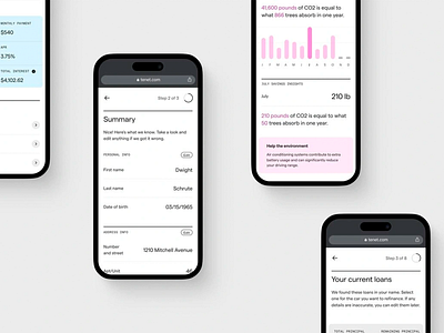 Smart Loan & Impact Tracker UI Design app design clean layout climate savings co2 tracker data display eco dashboard finance tracking financial insights form interface loan manager minimal interface mobile screen mobile ui payment summary personal info profile screen ui design user flow ux design