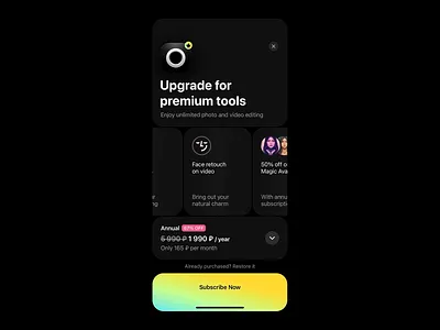 Premium Subscription Upsell Screen app monetization clean ui conversion focus face filters mobile interface offer highlight payment flow premium subscription premium upsell pricing design product value smart layout subscription screen typography ui design upsell screen ux design ux strategy visual hierarchy