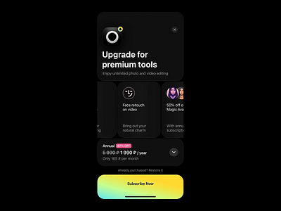 Premium Subscription Upsell Screen app monetization clean ui conversion focus face filters mobile interface offer highlight payment flow premium subscription premium upsell pricing design product value smart layout subscription screen typography ui design upsell screen ux design ux strategy visual hierarchy