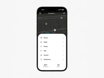 Smart Scooter App Navigation UI Design app navigation app ui city navigation intuitive ux light menu minimal interface mobile design mobile interface modern ui monochrome app ride sharing scooter app scooter rental smart mobility smart scooter transport app ui design uiux design user dashboard