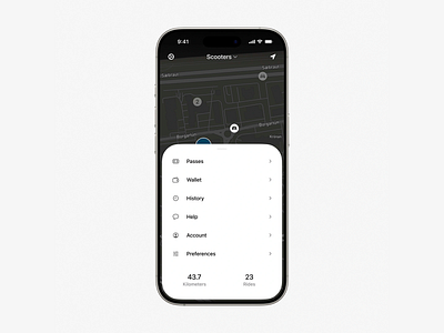 Smart Scooter App Navigation UI Design app navigation app ui city navigation intuitive ux light menu minimal interface mobile design mobile interface modern ui monochrome app ride sharing scooter app scooter rental smart mobility smart scooter transport app ui design uiux design user dashboard