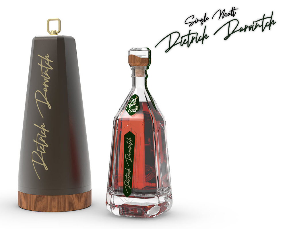 Dietrich Dorvintch Whiskey - Single Malt 26 Years 3d 3d design 3d modeling bottle design brand identity branding graphic design industrial design labeling liquor packaging product design whiskey