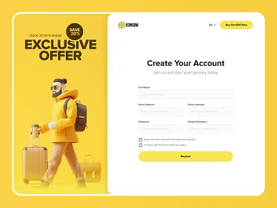 eSIM Login Page 3d illustration clean ui creative form esim exclusive offer form design login login page modern design onboarding register registration responsive design signin signup travel app ui concept user interface web design yellow ui