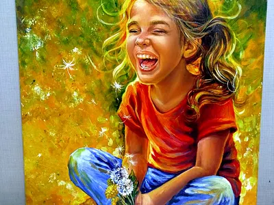 Ukrainian Girl with Dandelions | Original Acrylic Painting art design flower girl hand painted handmade kid paint painting summer