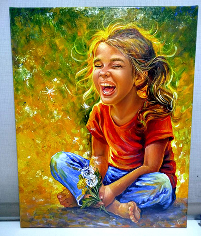 Ukrainian Girl with Dandelions | Original Acrylic Painting art design flower girl hand painted handmade kid paint painting summer