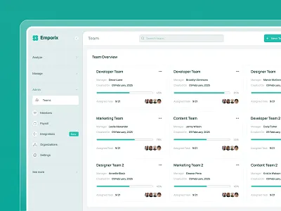 Clean & Modern Employee Management Dashboard UI admindashboard cleaninterface dashboarddesign employeemanagement figmadesign hrsoftware humanresources modernuiux productivityapp saasstartup saasui taskmanagementui teammanagement uiinspiration webappdesign workforcetracking