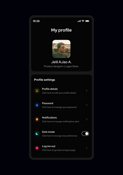 Profile page UI dark mode design figma mobile ui profile ui ui design ux