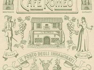 Cafe Romeo branding cafe gelato graphic design illustration italian italy logo medieval old rennaissance vintage wine world