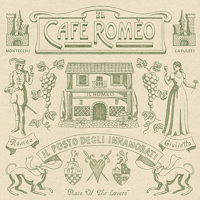 Cafe Romeo branding cafe gelato graphic design illustration italian italy logo medieval old rennaissance vintage wine world
