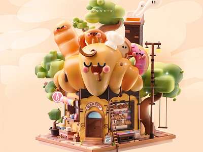 Charming Bakery 3d 3d art animation bakery 3d branding bread bretzel character design donut food graphic design illustration illustration food kawaii logo motion graphics plants roqueid ui