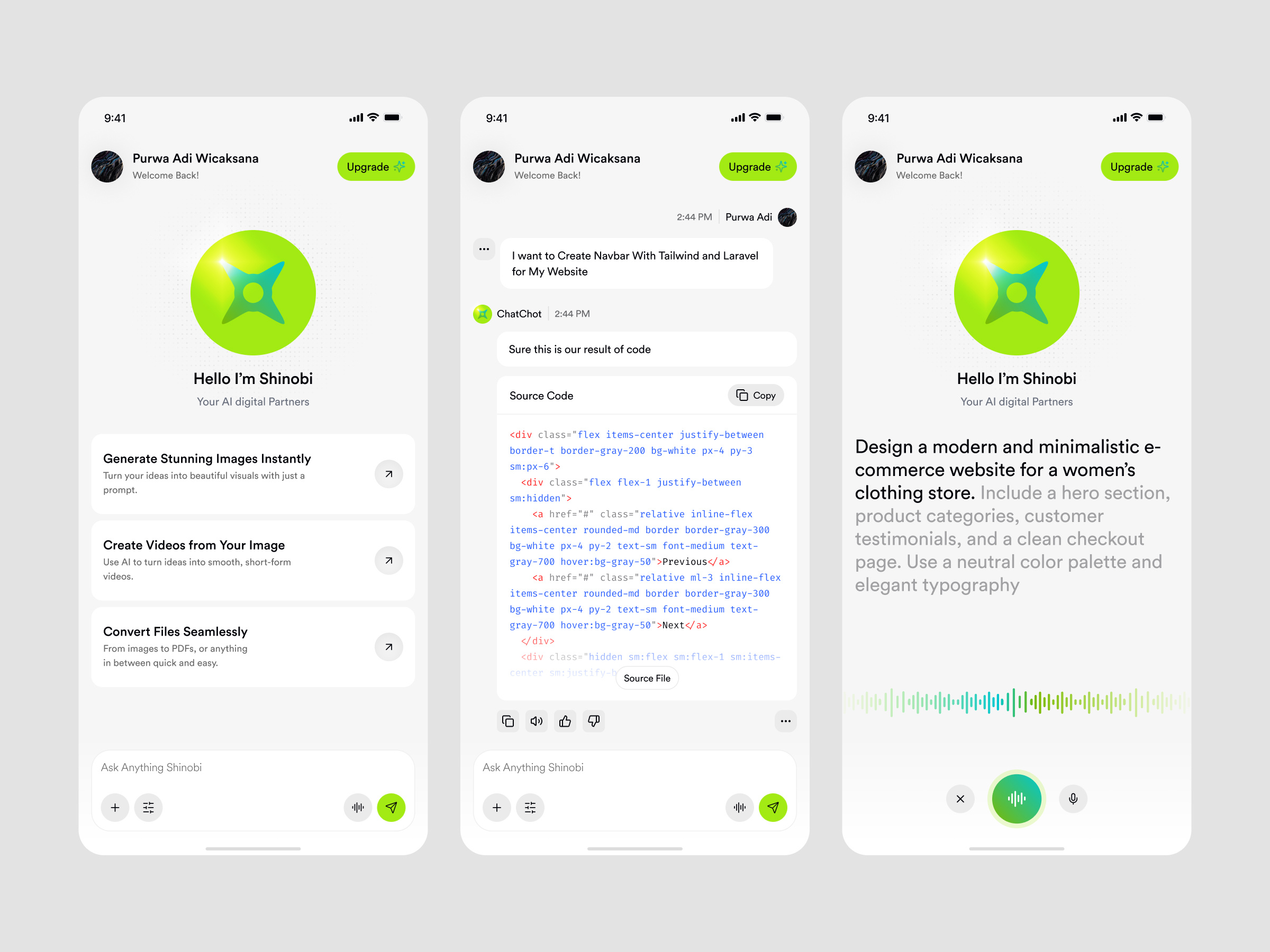 Ninja Chat | ChatBot artificial intelligence Application app artificial intelligence bot chat chat bot app chatbot clean generate ai generate code generate image ninja chat page purwa adi wicaksana shinobi ui uidesign ux