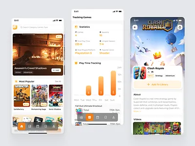 Game Tracker App design designmobileui detailsgames games gamesapp graphic design librarygameapp mobile mobileapp mostpopular statisticgame trackermobileapp tracking ui uidesigner uiux ux