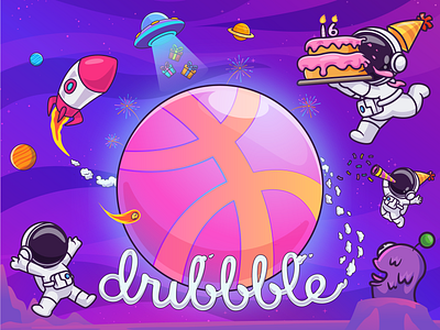 Happy Sweet 16, Dribbble!🚀🎂 anniversary astronaut basketball birthday branding cake celebration character cute doodle dribbble flat icon illustration logo party rocket space