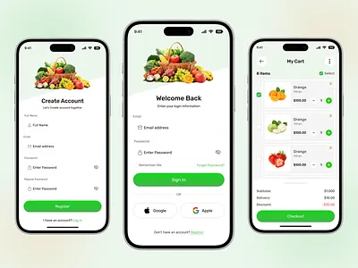 Grocery Mobile App - Login / Sign Up/ Cart Screen appdesign cartdesign clean app creativeui dribbbleweeklywarmup figma design groceryapp grocerydelivery groceryui loginpage minimaldesign mobileappdesign mobiledesign mordern design onboading ui productdesign shoppingapp signup uiux uxdesign