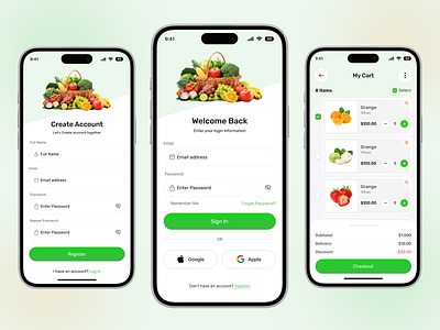 Grocery Mobile App - Login / Sign Up/ Cart Screen appdesign cartdesign clean app creativeui dribbbleweeklywarmup figma design groceryapp grocerydelivery groceryui loginpage minimaldesign mobileappdesign mobiledesign mordern design onboading ui productdesign shoppingapp signup uiux uxdesign