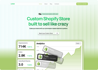Shopify marketplace for custom stores. animation custom e comerce ecomm figma framer graphic design hero ection light themem popular design section shopify store ui ui designe ux ux design web design web designing website