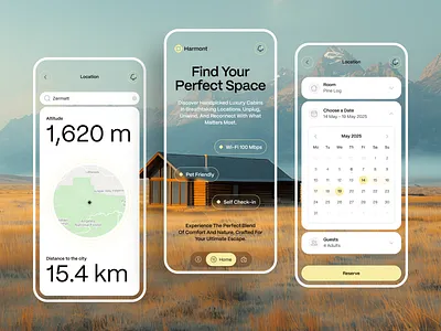 Mobile Booking App UI – Cabin Rental Interface app booking ui cabin rental calendar design design interface ios location app minimal app mobile app design mobile ui nature product design real estate app reservation app travel app ui design ux design vacation rental