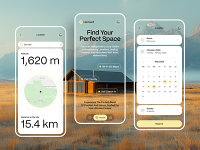 Mobile Booking App UI – Cabin Rental Interface app booking ui cabin rental calendar design design interface ios location app minimal app mobile app design mobile ui nature product design real estate app reservation app travel app ui design ux design vacation rental