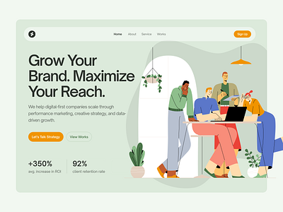 Zyra - Digital Marketing Agency Hero Section branding colorful creative design digital agency flat fun hero homepage illustration marketing agency meeting office teamwork ui ux website