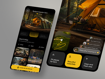 Camp Finder – Mobile App book camp clean dark design gallery icon location map message minimal ui ux