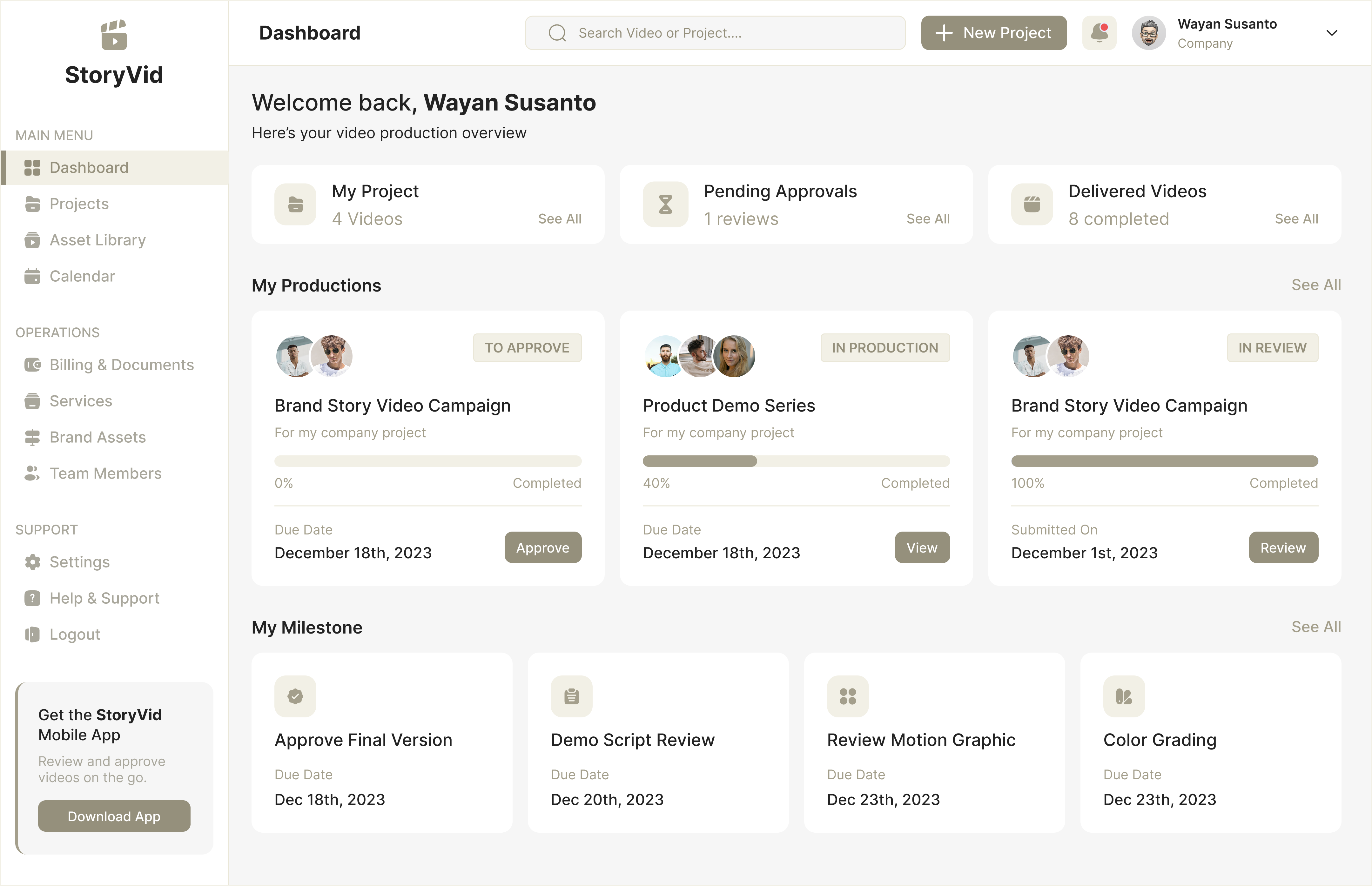 Dashboard - Video Production Project design flat minimal ui ux web