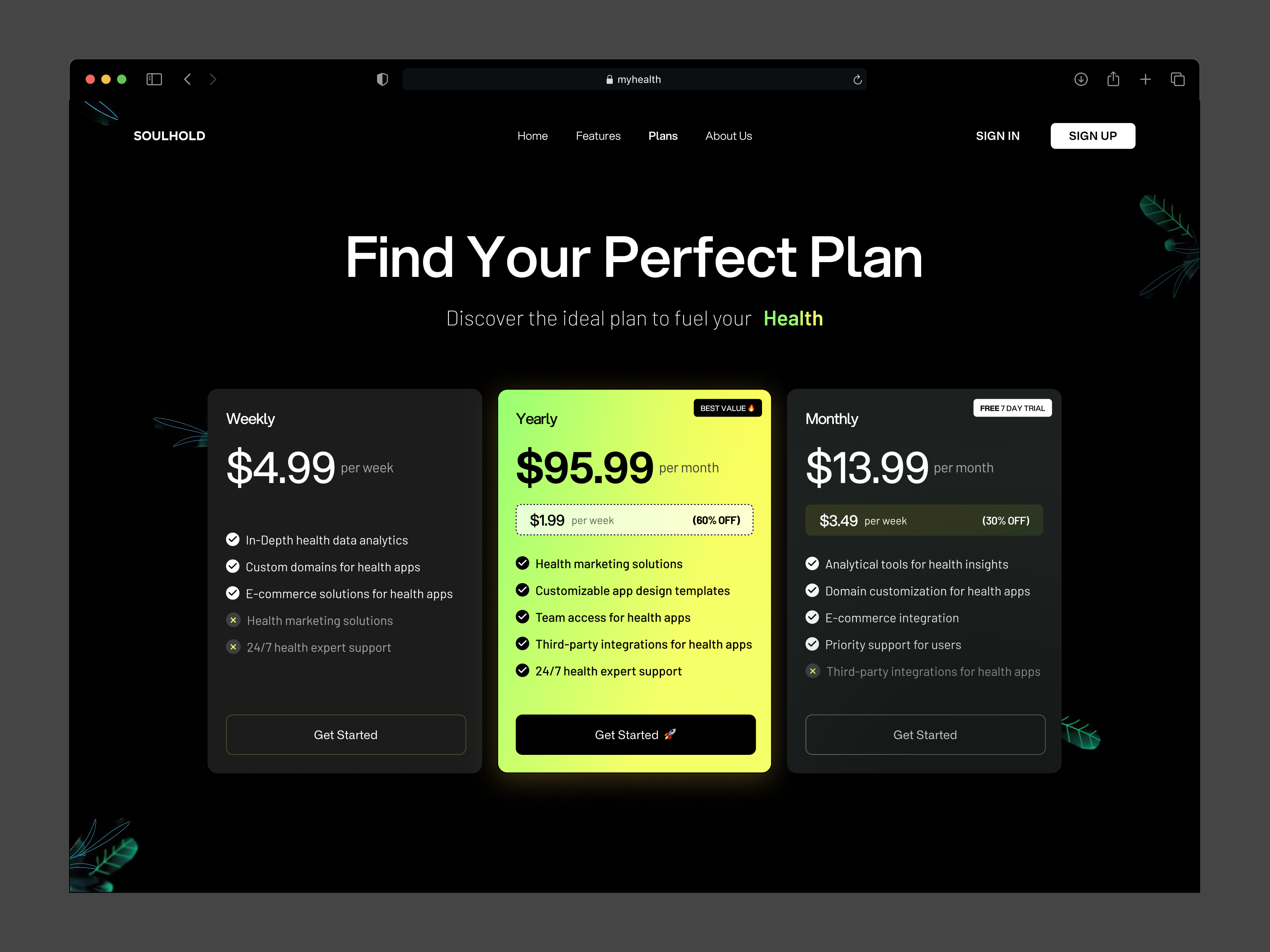 Pricing Page - Health-care Website clean pricing page conversion dark mode dark ui plan page price pricing card pricing page pricing plan pricing table pricing ui product page vpn website website