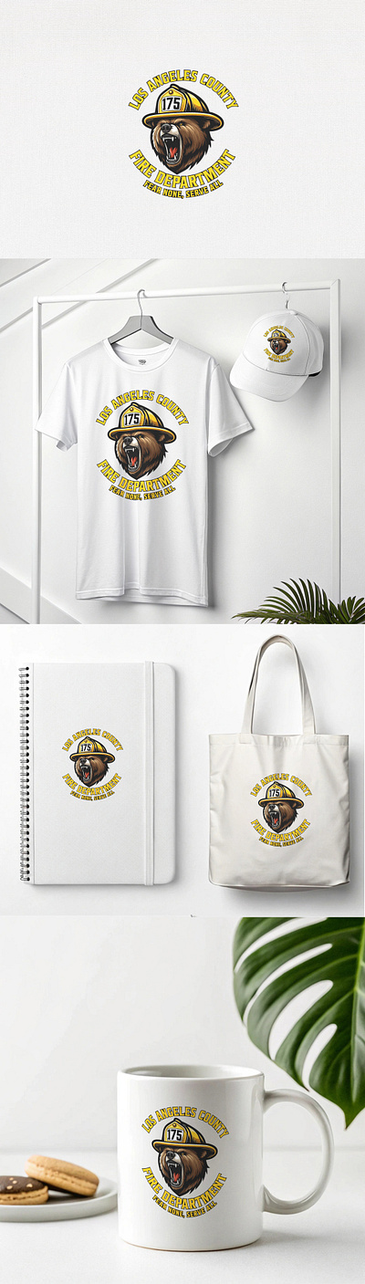 Logo Design with Product Mockup animation bear mascot bold typography emblem design emergency services fire department logo firefighter logo graphic design heroic imagery la fire department mascot logo modern badge professional branding rescue theme safety symbol vector illustration