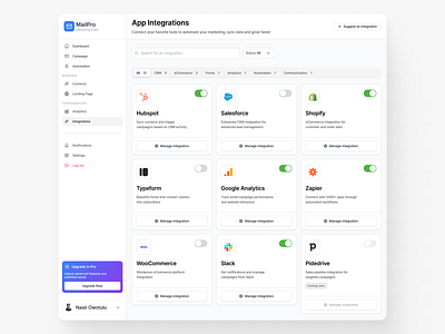 MailPro - Integration Page Flow automation branding ceo crm dashboard design founder graphic design integration mail saas screens startups tech ui userflow ux