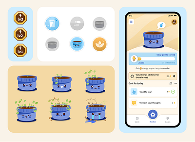 Design Elements for Wellbeing Mobile App buddy design design elements game mentalhealth mobile app ui wellbeing