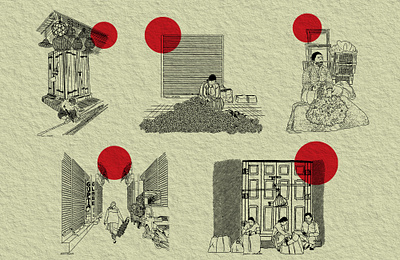 Streets of India Illustration Collection (Part 1) art for inspiration branding design detailed art digital art digital illustration digital print graphic design handmade style illustration indian street art ink style work japanese art style japanese style line art modern art red and black retro art streets of india vintage art
