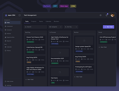 🧩 Apex CRM – Task Management UI app crm dark darkmode dashboar management product design task theme ui uidesign ux uxdesign webappdesign