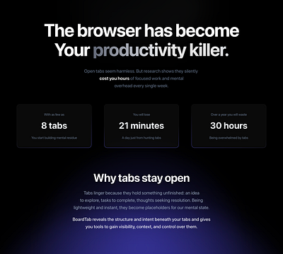 BoardTab ‒ The Tab Problem beautiful boardtab copywriting dark extension landing page pretty productivity section stats theme ui design ux design website