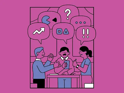Meetings in a nutshell adobe blue character characterdesign editorial editorialillustration illustration linework muti office officelife pink speechbubble vector white