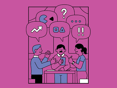 Meetings in a nutshell adobe blue character characterdesign editorial editorialillustration illustration linework muti office officelife pink speechbubble vector white