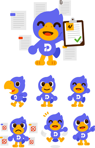 Docflo.ai Parrot Mascot animal app bird branding cartoon character creative cute digital documents flat funny happy illustration logo mascot parrot purple ui vector