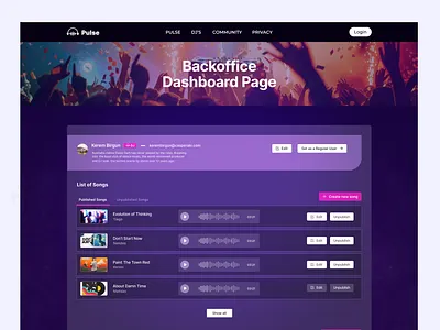 Pulse – DJ Dashboard UI Design dark theme dashboard dashboard ui dj dj dasboard kerem birgun music song ui design