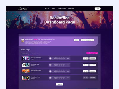 Pulse – DJ Dashboard UI Design dark theme dashboard dashboard ui dj dj dasboard kerem birgun music song ui design