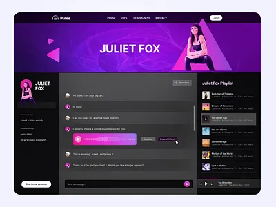Pulse DJ Chat UI – AI Powered Chatbot chat interface chat ui chatbot chatbot ui dark ui dj chatbot interactive ui kerem birgun music music app purple theme