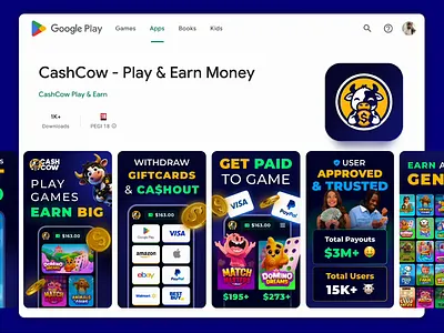 Cashcow: Play Store Profile app design app screen app screens branding games google google play store graphic design mobile game mobile games rewards rewards app screens search ui