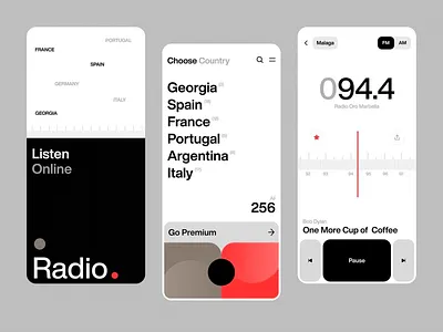 Minimalist Radio App Design audio player clean layout content focus country selector digital interface flat interface fm tuner intuitive navigation minimalist design mobile ui music stream radio app typography ui ui design ui elements user control ux design ux simplicity visual hierarchy